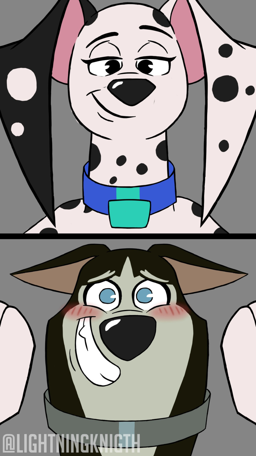 101_dalmatian_street 101_dalmatians absurd_res age_difference blush canid canine canis collar dalmatian delilah_(101_dalmatians) disney domestic_dog duo ears_down embarrassed eye_contact female feral hansel_(101_dalmatians) hi_res husky kabedon lightningknight looking_at_another male male/female mammal nordic_sled_dog older_female pivoted_ears size_difference spitz spots younger_male