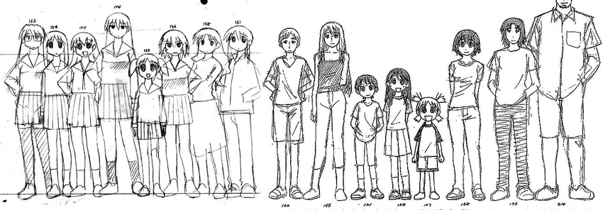 6+girls ayase_asagi ayase_ena ayase_fuuka azuma_kiyohiko azumanga_daiou chart everyone eyebrows greyscale hayasaka_miura height_chart jumbo kagura_(azumanga_daiou) kasuga_ayumu koiwai_yotsuba kurosawa_minamo lineup mihama_chiyo mizuhara_koyomi monochrome mr_koiwai mrs_ayase multiple_boys multiple_girls sakaki simple_background takino_tomo tanizaki_yukari thick_eyebrows white_background yotsubato!