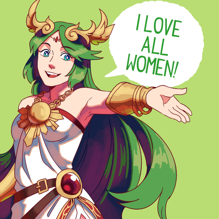 1girl breasts eyebrows frogbians green_eyes green_hair jewelry kid_icarus kid_icarus_uprising long_hair matching_hair/eyes nintendo open_mouth palutena simple_background smile solo text_focus tiara