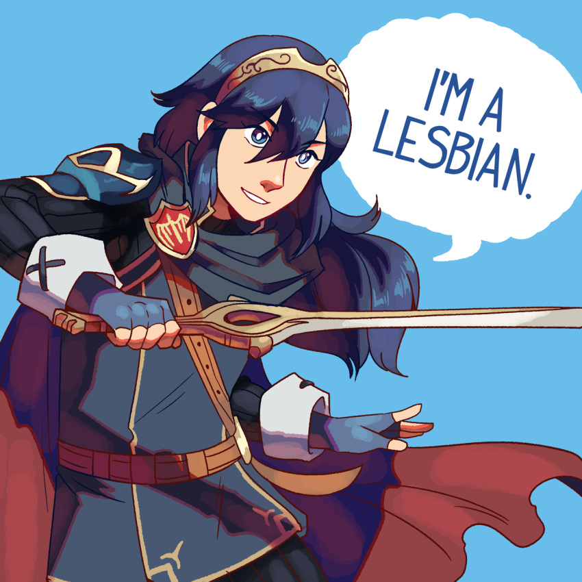 1girl armor blue_eyes blue_hair cape eyebrows fire_emblem fire_emblem:_kakusei frogbians gloves long_hair lucina matching_hair/eyes nintendo simple_background smile solo sword text_focus tiara weapon