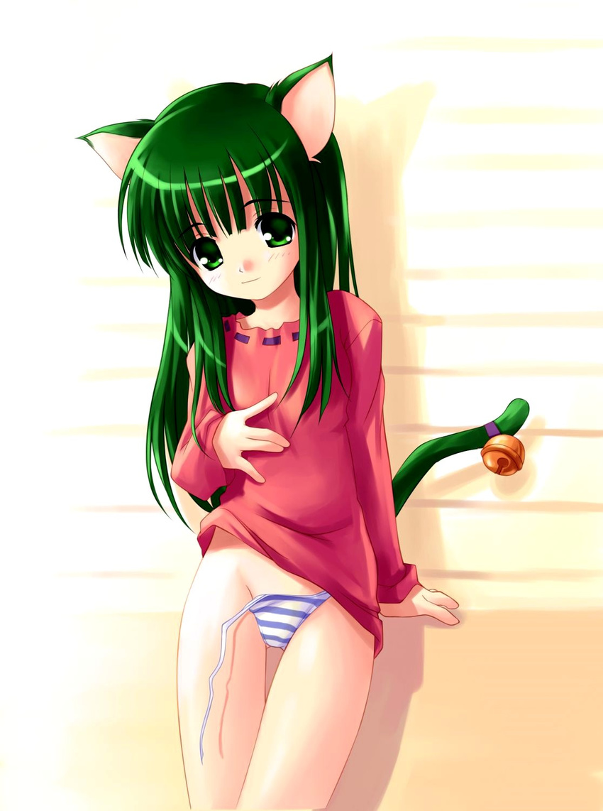 akamaru animal_ears arm_support bell blue_panties blush bottomless cat_ears cat_tail copyright_request flat_chest green_eyes green_hair highres long_hair long_sleeves no_pants panties shirt shirt_lift side-tie_panties solo standing striped striped_panties tail thigh_gap underwear untied
