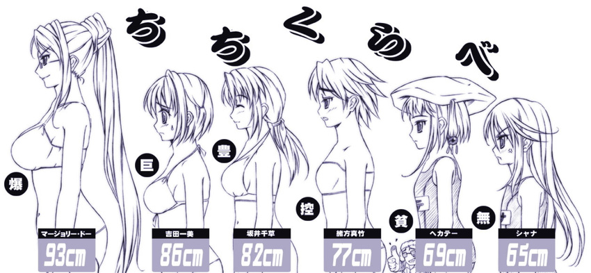 angry artist_request blush breasts bust_chart flat_chest greyscale hecate huge_breasts lineup long_hair margery_daw monochrome multiple_girls ogata_matake one-piece_swimsuit ponytail sakai_chigusa school_swimsuit shakugan_no_shana shana short_hair sideboob swimsuit translated yoshida_kazumi