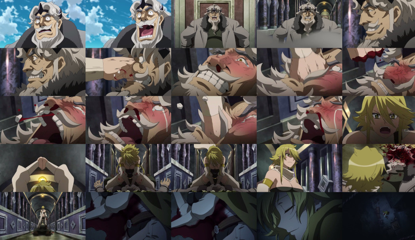 10s 1boy 1girl absurdres akame_ga_kill! armor bleeding blonde_hair blood death highres honest_(akame_ga_kill!) leone nightraid smile