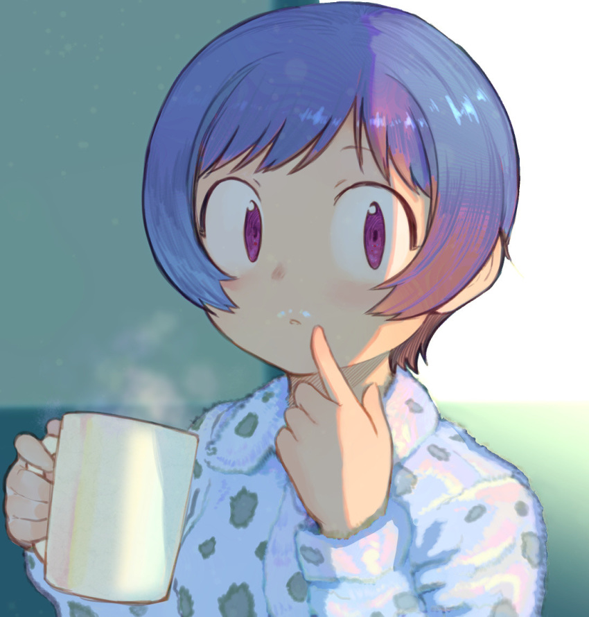 1girl 2equal8 blue_hair cup female milk_mustache mug original short_hair solo