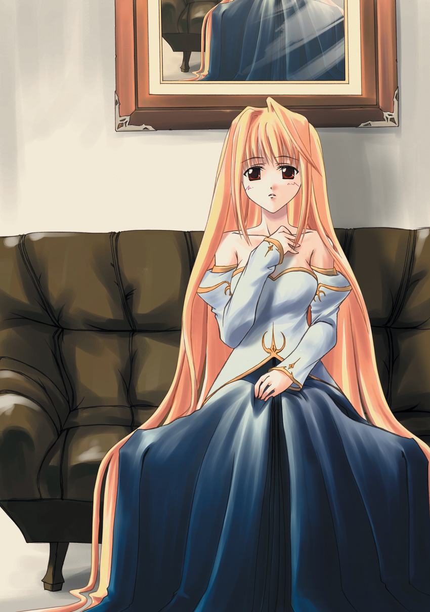 absurdres archetype_earth arcueid_brunestud artist_request bare_shoulders blonde_hair breasts cleavage detached_sleeves dress gown highres long_hair long_sleeves medium_breasts princess red_eyes solo strapless strapless_dress tsukihime very_long_hair