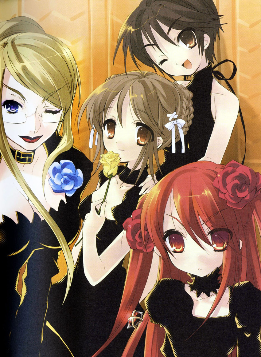 ;) ;d alastor_(shakugan_no_shana) bare_shoulders black_dress black_hair blonde_hair blue_eyes blue_flower blue_rose breasts brown_eyes brown_hair choker cleavage collarbone dress evening_gown flower glasses gothic hair_between_eyes hair_flower hair_ornament hair_ribbon halterneck hand_on_another's_shoulder highres holding holding_flower itou_noiji lapel_flower large_breasts lips lipstick looking_at_viewer makeup margery_daw medium_breasts multiple_girls ogata_matake one_eye_closed open_mouth red_eyes red_flower red_hair red_rose ribbon rimless_eyewear rose shakugan_no_shana shana smile upper_body yellow_flower yellow_rose yoshida_kazumi