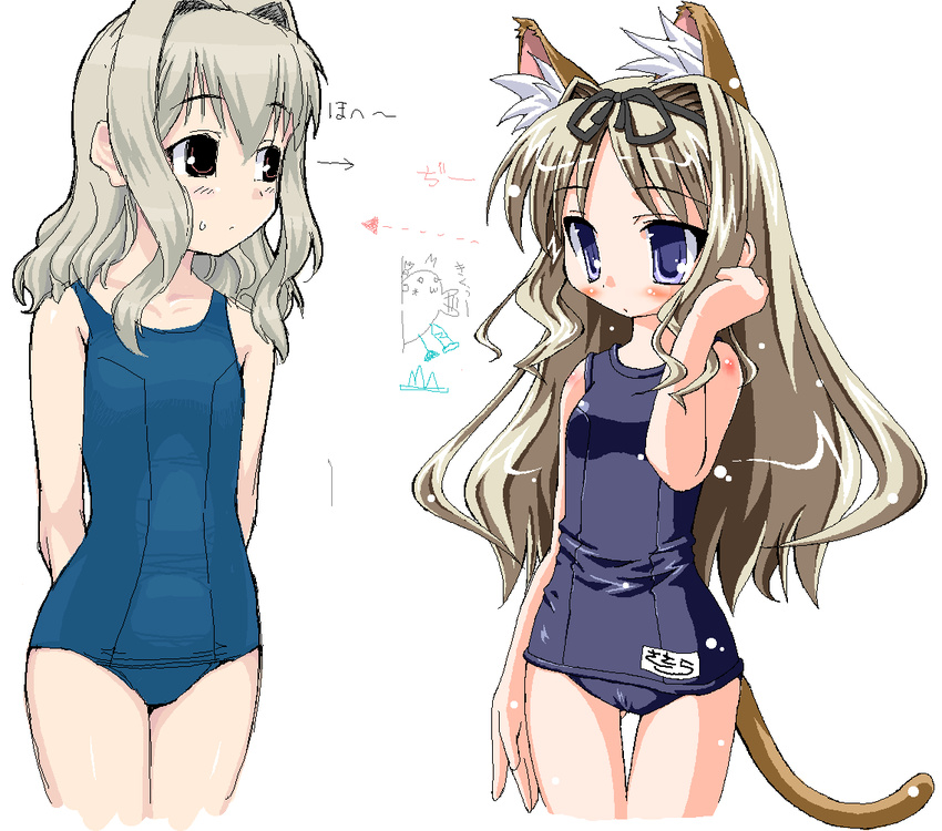 aisia animal_ears blonde_hair cat_ears da_capo da_capo_i kekyo kusugawa_sasara multiple_girls name_tag one-piece_swimsuit school_swimsuit swimsuit to_heart_2