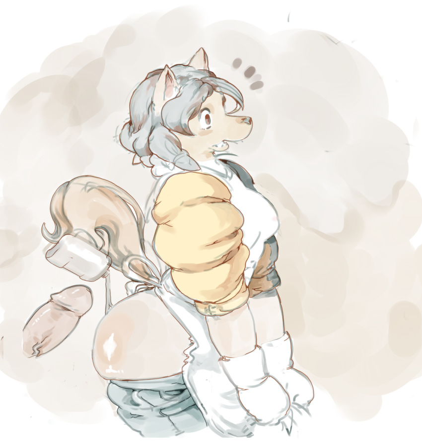 anthro brown_eyes canid canine clothed clothing disembodied_penis duo erection faceless_male fur hair kemono kinoko_(artist) male mammal open_mouth penis surprise