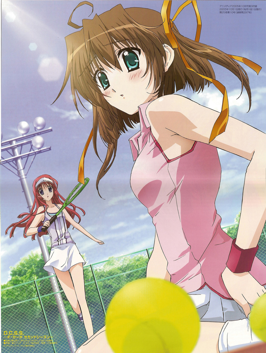 ahoge asakura_nemu ball bare_shoulders blush brown_hair da_capo da_capo_i foreshortening green_eyes hair_ribbon highres lens_flare long_hair megami multiple_girls open_mouth purple_eyes racket red_hair ribbon shimazawa_noriko shirakawa_kotori sitting skirt sportswear tennis tennis_ball tennis_racket tennis_uniform visor_cap