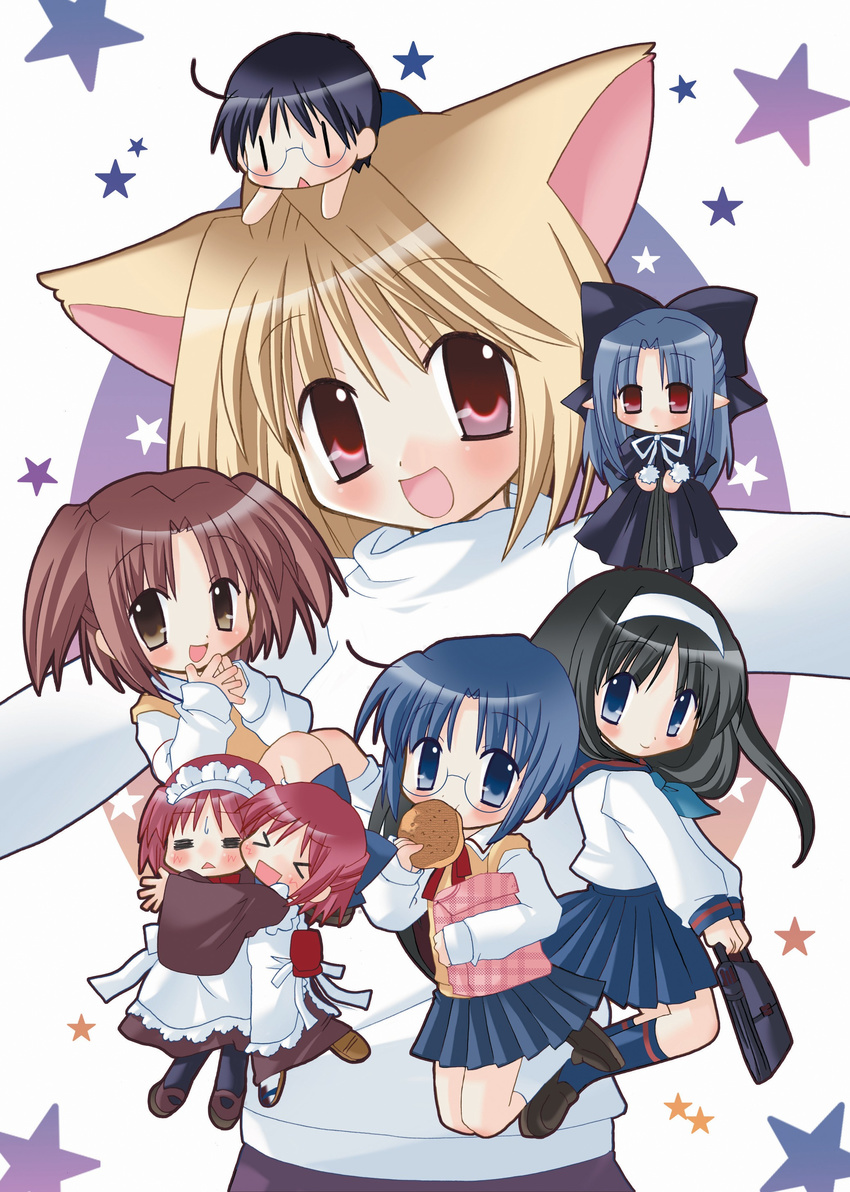 &gt;_&lt; 6+girls absurdres arcueid_brunestud artist_request blonde_hair blue_skirt chibi closed_eyes eating highres hisui hug kohaku len long_sleeves multiple_girls pointy_ears skirt toono_akiha toono_shiki tsukihime yumizuka_satsuki