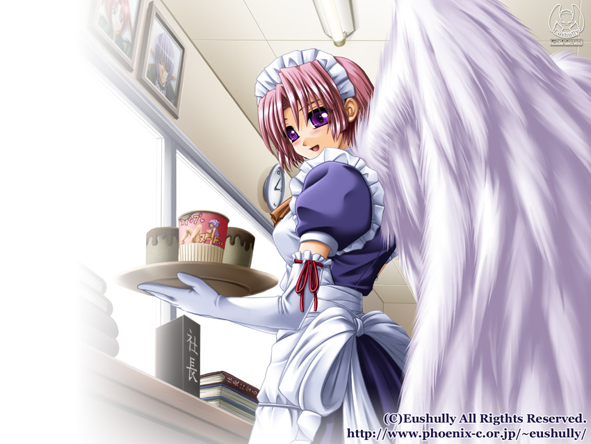 :d analog_clock angel angel_wings apron ascot bangs blush book boots bow ceiling celica_sylphil clock cup_ramen desk dress elbow_gloves eushully-chan food frills gloves hatozuki_tsumiki highres holding ikusa_megami ikusa_megami_(series) lights looking_back louie_marshrun maid maid_headdress meishoku_no_reiki official_art open_mouth photo_(object) pink_hair plate profile purple_eyes ribbon ribbon-trimmed_gloves ribbon_trim short_hair smile solo standing typo waitress wall_clock wallpaper watermark web_address white_gloves window wings