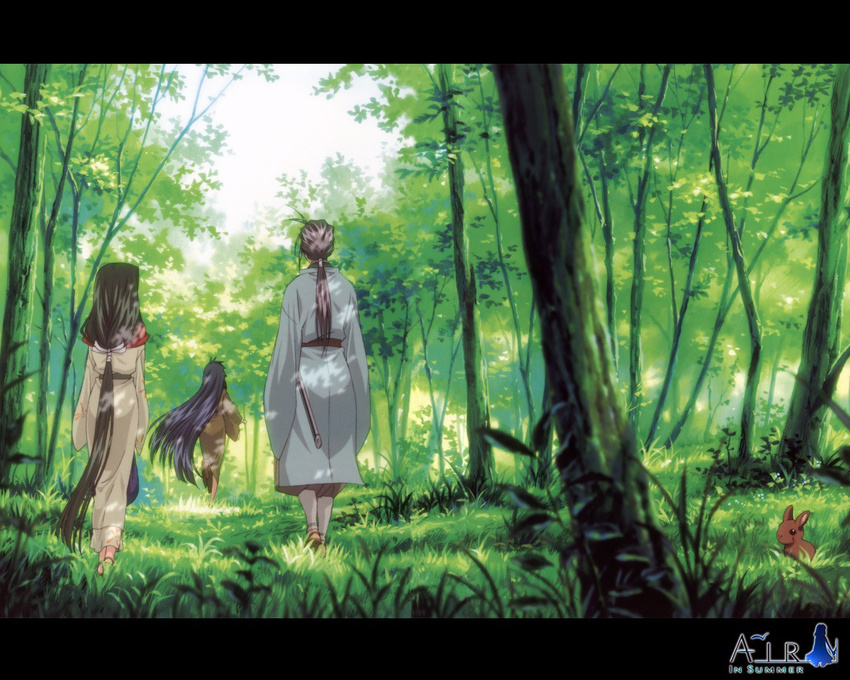 2girls air animal aratani_tomoe bunny day forest from_behind grass japanese_clothes kannabi_no_mikoto long_hair long_ponytail long_sleeves multiple_girls nature official_art outdoors ponytail ryuuya scenery tree uraha_(air) wallpaper