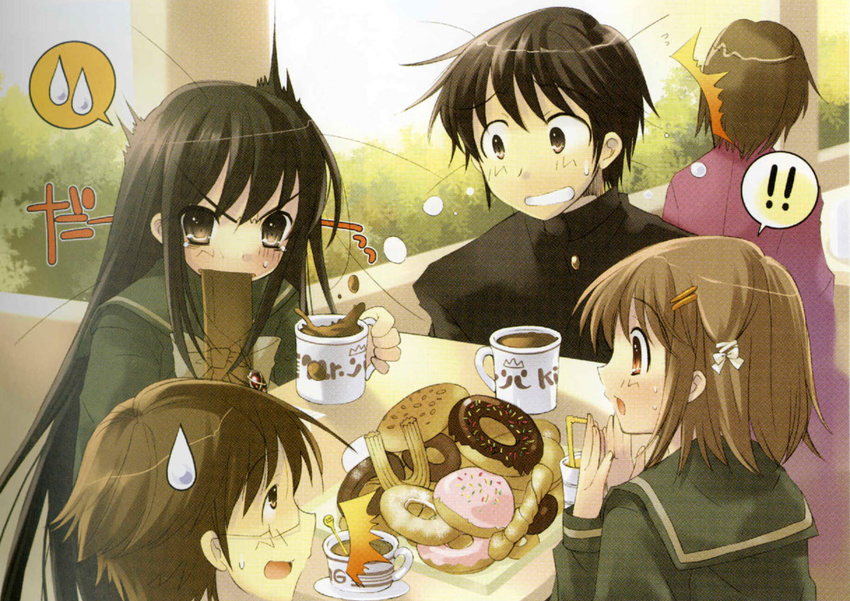 2boys 2girls alastor_(shakugan_no_shana) black_hair blush bow brown_eyes brown_hair cafe coffee cup doughnut eating food gakuran glasses hair_ornament hairclip holding itou_noiji jewelry long_hair long_sleeves multiple_boys multiple_girls pendant red_eyes sakai_yuuji school_uniform serafuku shakugan_no_shana shana short_hair sitting spitting spray sweat sweatdrop table very_long_hair yellow_eyes yoshida_kazumi