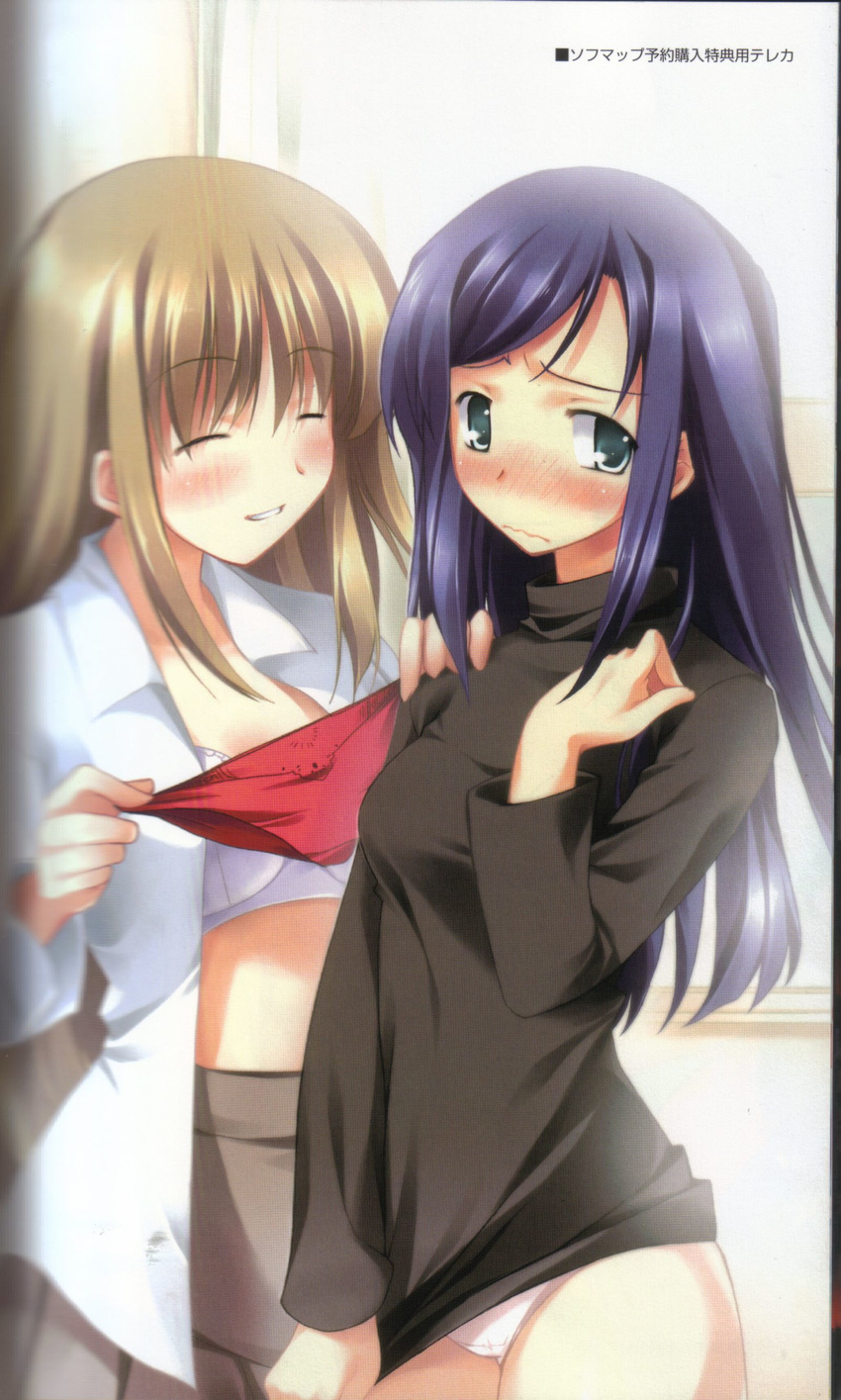 absurdres artist_request blue_hair blush bottomless bra brown_hair circus_(studio) closed_eyes covering covering_crotch dress_shirt embarrassed fujino_shizuru green_eyes highres holding holding_panties kuga_natsuki lingerie long_hair long_sleeves multiple_girls my-hime no_pants official_art open_clothes open_shirt panties red_panties shirt shirt_tug skirt standing thigh_gap underwear unmei_no_keitouju white_panties yuri