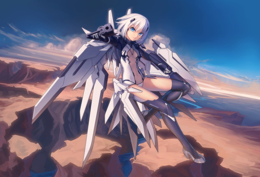 &gt;:( 1girl aiming_at_viewer aoi_kao_(lsz7106) bangs black_legwear blue_eyes blue_sky breasts breasts_apart canyon center_opening closed_mouth cloud date_a_live day dutch_angle eyebrows_visible_through_hair flying full_body gloves grey_footwear gun hair_ornament highres holding holding_gun holding_shield holding_weapon horizon leotard mechanical_wings navel outdoors outstretched_arm river serious shield short_hair silver_hair sky small_breasts solo thighhighs tobiichi_origami weapon white_gloves white_leotard wings