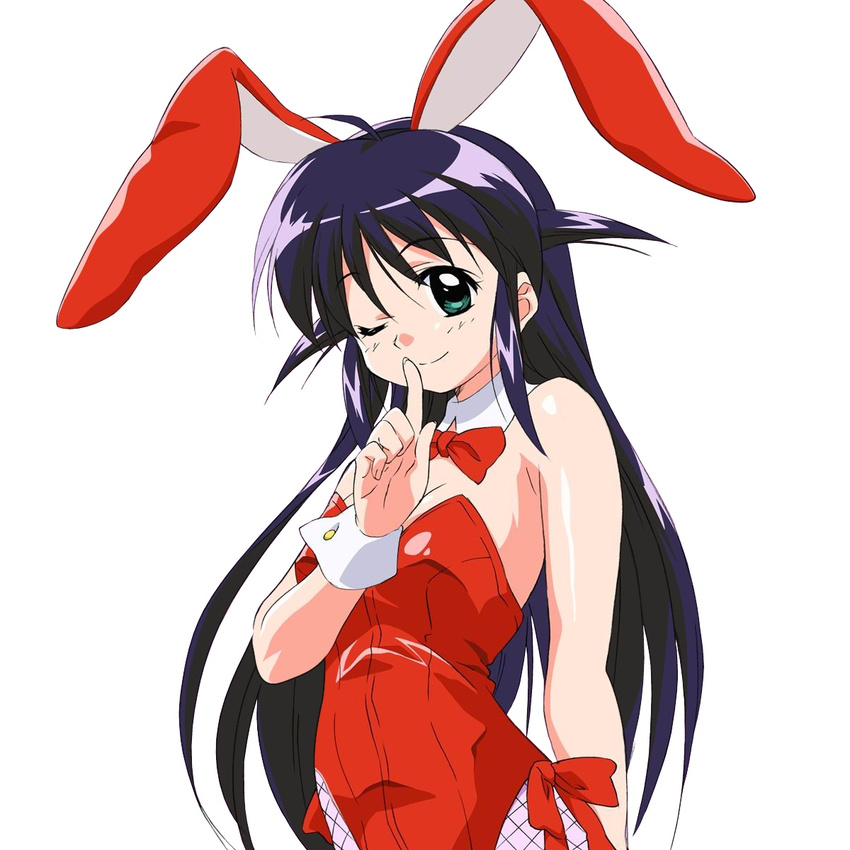 ;) ahoge andou_mahoro animal_ears artist_request bare_shoulders black_hair bow bowtie bunny_ears bunny_girl bunnysuit detached_collar finger_to_mouth fishnet_pantyhose fishnets green_eyes hands highres jpeg_artifacts leotard long_hair mahoromatic one_eye_closed pantyhose red_leotard simple_background smile solo very_long_hair white_background wrist_cuffs