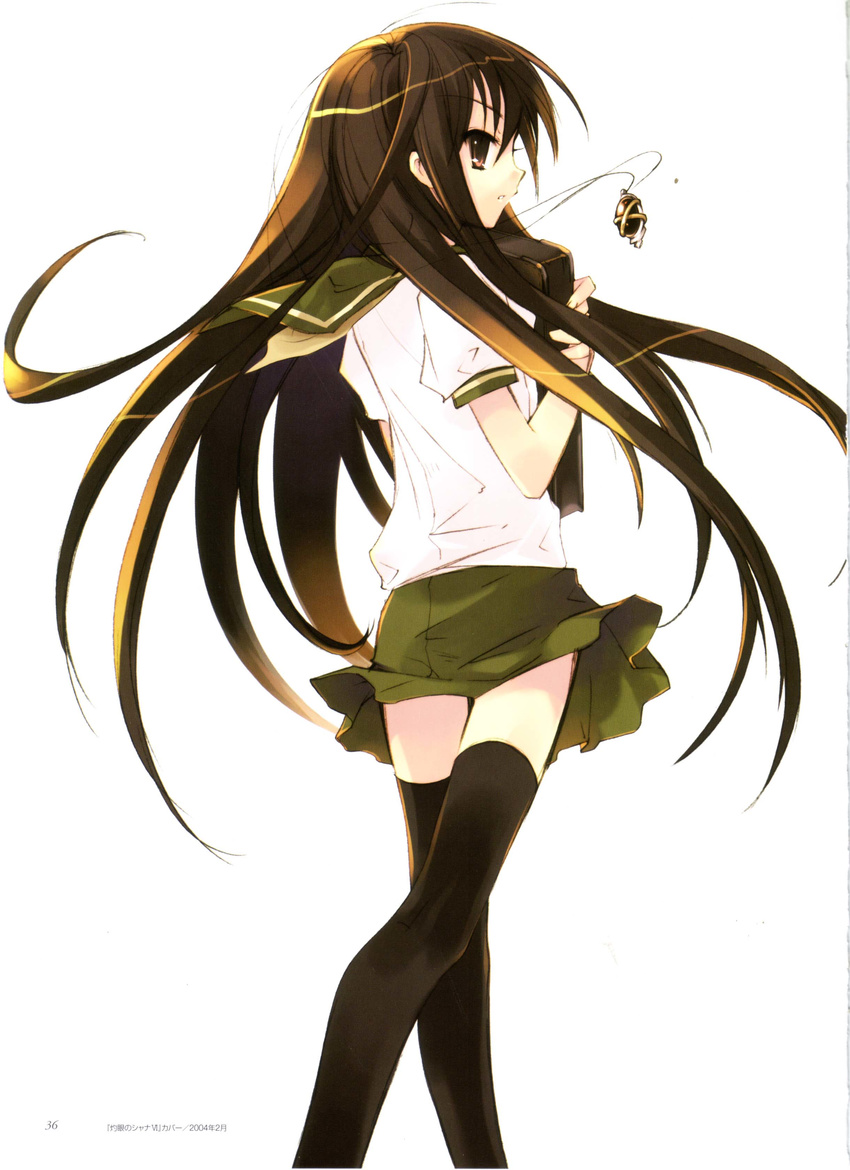 absurdres alastor_(shakugan_no_shana) bangs black_legwear brown brown_eyes brown_hair character_name closed_mouth expressionless floating floating_hair floating_object from_behind glowing green_skirt highres holding itou_noiji jewelry long_hair looking_afar looking_back looking_to_the_side miniskirt necklace object_hug pendant puffy_short_sleeves puffy_sleeves sailor_collar_lift school_briefcase school_uniform serafuku shakugan_no_shana shana shiny shiny_hair shirt short_sleeves simple_background skirt thighhighs triangle very_long_hair walking wallpaper white_background white_shirt wind wind_lift zettai_ryouiki