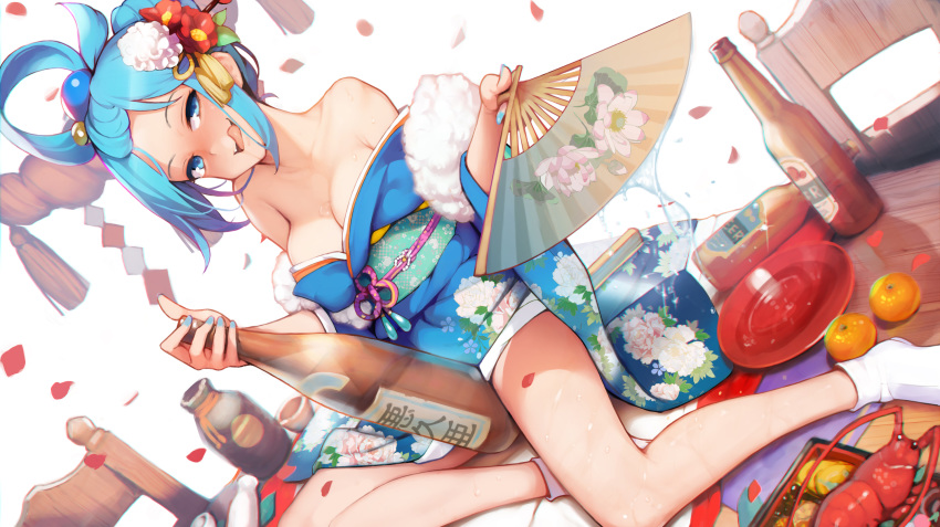 1girl :d alcohol aqua_(konosuba) ataruman bare_shoulders beads beer_bottle blue_eyes blue_hair blue_nails blush bottle breasts chair cleavage commentary_request cup drunk dutch_angle fan floral_print flower folding_fan food fruit hair_beads hair_flower hair_ornament hair_ribbon hair_up head_tilt highres japanese_clothes kimono kono_subarashii_sekai_ni_shukufuku_wo! looking_at_viewer mandarin_orange medium_breasts nail_polish new_year obi off_shoulder open_mouth petals print_kimono ribbon sakazuki sake sake_bottle sash shide sitting sitting_on_table smile socks solo table water wavy_mouth white_legwear