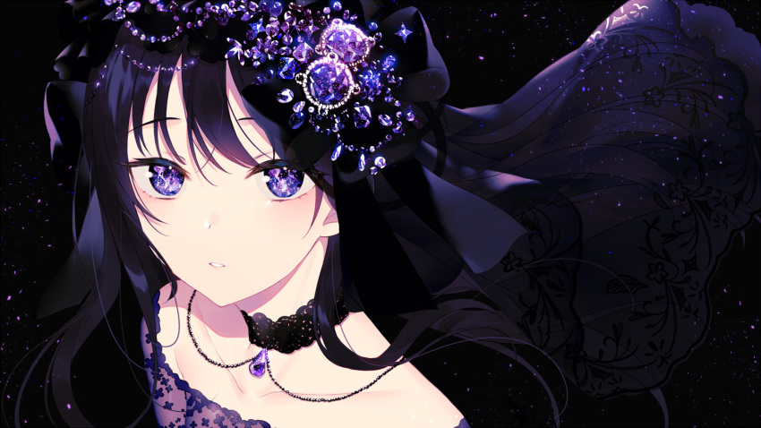 achiki black black_hair choker close headdress long_hair necklace original purple_eyes waifu2x