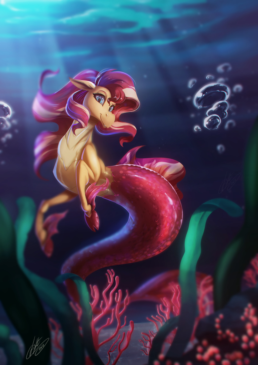 2019 alternate_species equestria_girls equine female feral hair horn hybrid light262 looking_at_viewer mammal multicolored_hair my_little_pony siren smile solo sunset_shimmer_(eg) two_tone_hair underwater water