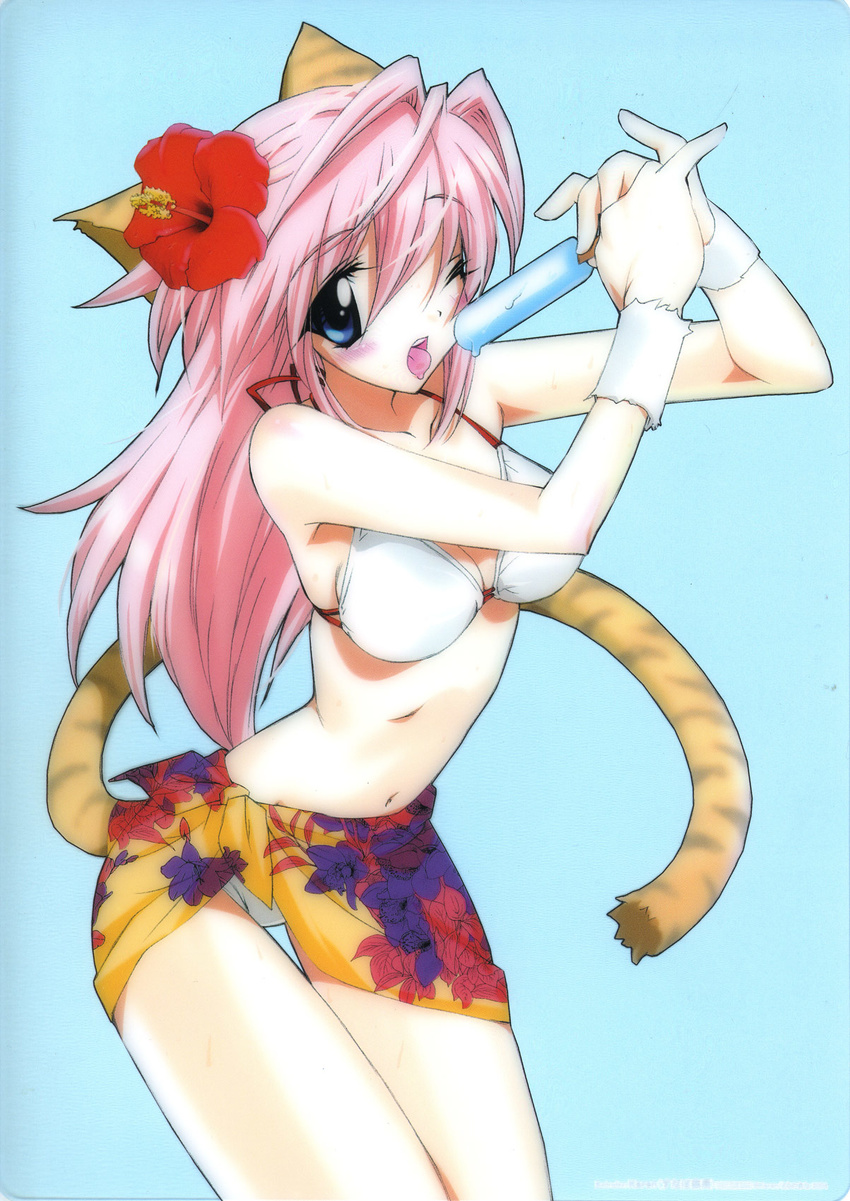 animal_ears bikini blue_eyes cat_ears cat_tail flower food hair_flower hair_ornament hibiscus highres karen_(artist) long_hair multicolored multicolored_sarong one_eye_closed orange_sarong original pink_hair popsicle print_sarong sarong shitajiki solo swimsuit tail toranoana