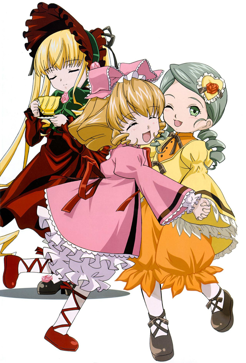 ^_^ ankle_ribbon artist_request blonde_hair bloomers bonnet bow closed_eyes cup drill_hair flower frills green_hair hair_ornament hair_ribbon highres hina_ichigo holding holding_hands hug interlocked_fingers kanaria long_hair long_sleeves looking_at_viewer multiple_girls one_eye_closed petticoat pink_bow puffy_sleeves ribbon rose rozen_maiden saucer shadow shinku shoes short_hair simple_background smile tea teacup twintails underwear very_long_hair wide_sleeves