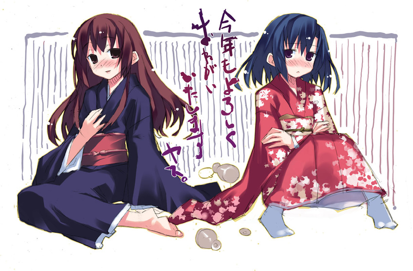 :o alcohol bangs barefoot blue_hair blush breasts brown_eyes brown_hair crossed_arms cup drunk flat_chest full_body gradient hand_on_own_chest japanese_clothes kimono knees_together_feet_apart long_hair long_sleeves looking_at_viewer matsuzawa_komaki multiple_girls nose_blush obi open_mouth outline parted_bangs purple_eyes sakazuki sake sash short_hair sidelocks sitting sketch small_breasts socks souma_hiroka spill translation_request triangle_mouth watashi-tachi_no_tamura-kun wide_sleeves yasu