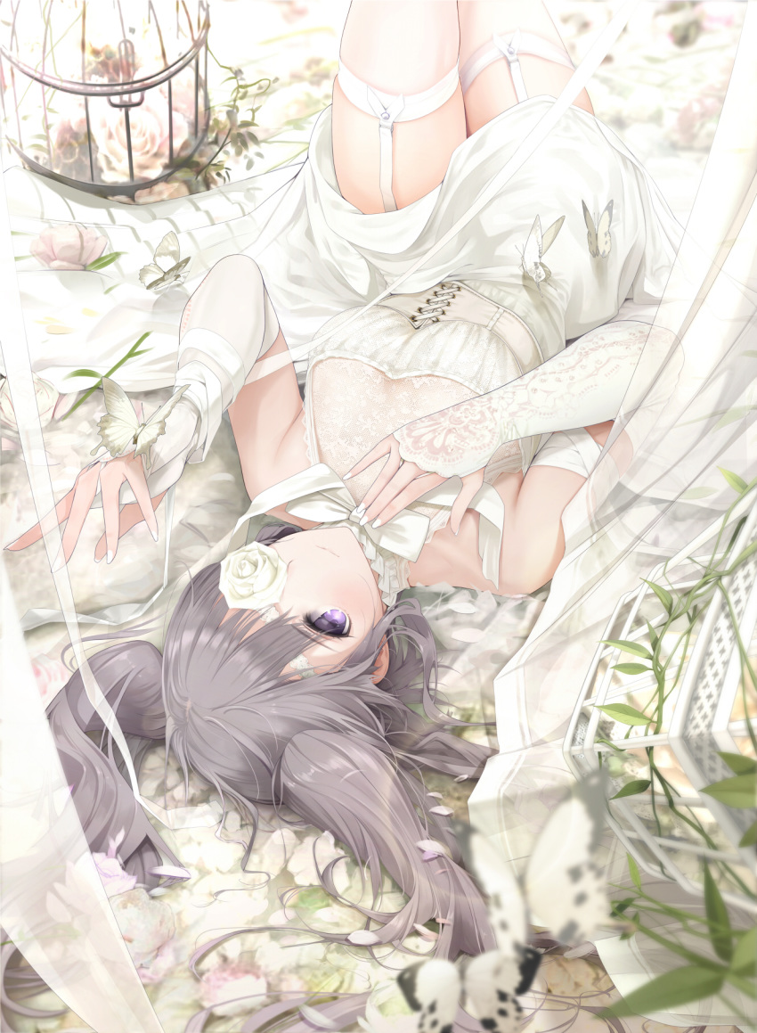 1girl bangs birdcage bow bowtie breasts bridal_gauntlets bug butterfly butterfly_on_hand cage commentary_request corset curtains dress flower flower_eyepatch garter_straps giba_(out-low) grey_hair hand_on_own_chest highres idolmaster idolmaster_shiny_colors insect knee_up lace long_hair looking_at_viewer lying medium_breasts on_back petals plant purple_eyes ribbon rose solo thighhighs two_side_up vines white_dress white_flower white_legwear white_neckwear white_rose wrist_ribbon yuukoku_kiriko