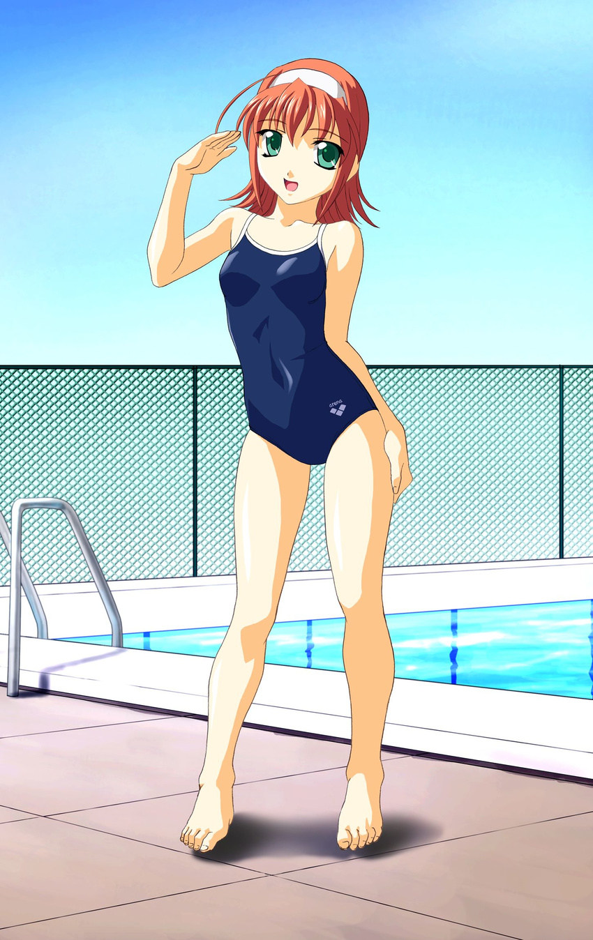 :d ahoge arena_(company) bangs barefoot blue_sky blue_swimsuit breasts chain-link_fence clothes_writing collarbone competition_school_swimsuit covered_navel day emblem feet fence flipped_hair full_body green_eyes hairband hand_on_own_thigh hand_up happy head_tilt highres kimi_ga_nozomu_eien legs legs_apart looking_at_viewer norizou_type-r one-piece_swimsuit open_mouth orange_hair outdoors pool pool_ladder poolside salute shadow sky small_breasts smile solo standing suzumiya_akane swimsuit tile_floor tiles water