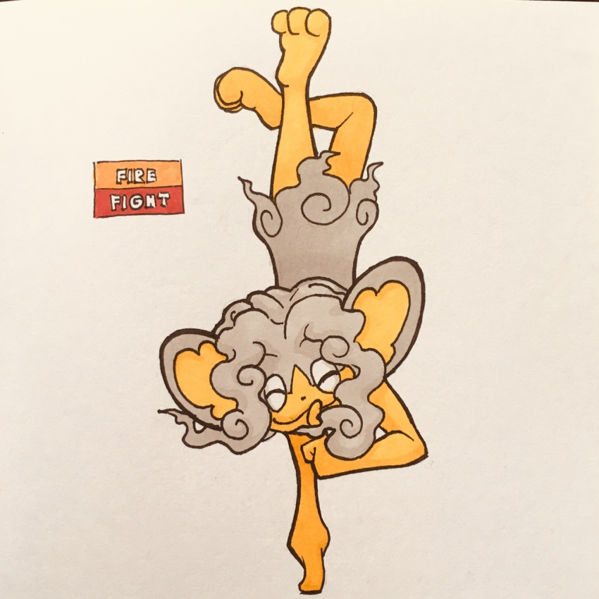 2019 3_toes alternate_color ambiguous_gender anthro balancing big_ears biped crossed_legs english_text eyes_closed fak&eacute;mon firefightdex front_view full-length_portrait fur girly grey_fur handstand hi_res mammal marker_(artwork) mfanjul mixed_media nintendo nude on_one_hand pen_(artwork) pok&eacute;mon pok&eacute;mon_(species) portrait pose primate pseudo_clothing shadow simipour simple_background smile smoke soles solo tan_skin text toes toony traditional_media_(artwork) video_games white_background