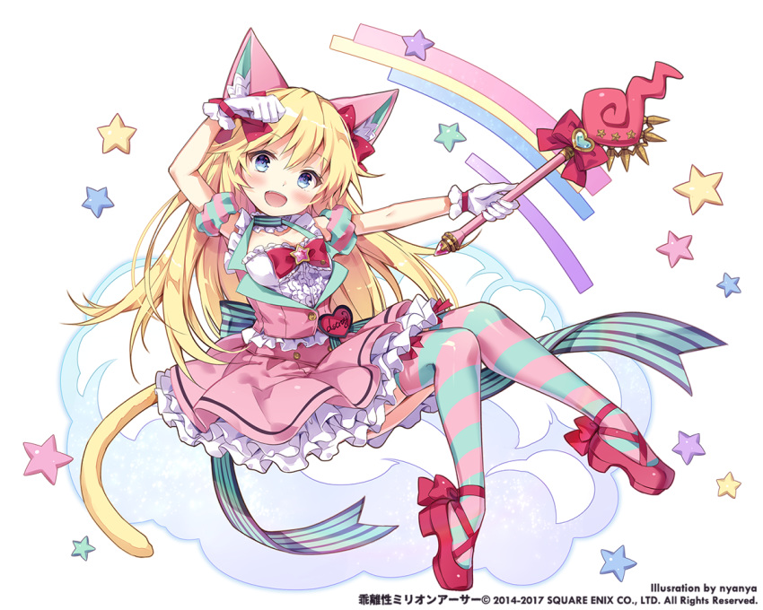 1girl :d animal_ears artist_name blonde_hair blue_eyes blue_legwear bow breasts cat_ears cat_tail cleavage detached_sleeves dress fang frills full_body hair_bow hand_up heart holding holding_wand invisible_chair kai-ri-sei_million_arthur long_hair looking_at_viewer million_arthur_(series) nyanya official_art open_mouth paw_pose pink_dress pink_legwear puffy_short_sleeves puffy_sleeves red_bow red_footwear short_sleeves simple_background sitting small_breasts smile solo star striped striped_legwear tail thighhighs very_long_hair wand watermark