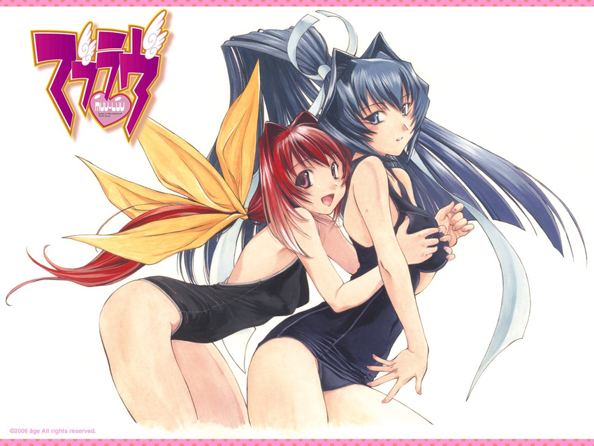 2girls :d alternate_costume bangs bent_over black_school_swimsuit black_swimsuit blue_eyes blue_hair blue_swimsuit blush breast_grab breasts company_name competition_school_swimsuit copyright_name covered_navel cowboy_shot dated fingernails from_side grabbing grabbing_from_behind groping hair_intakes hair_ribbon heart high_ponytail kagami_sumika large_breasts letterboxed logo long_fingernails long_hair looking_at_viewer looking_back low_ponytail mitsurugi_meiya multiple_girls muvluv nishitsuki_tsutomu old_school_swimsuit one-piece_swimsuit open_mouth parted_lips pink_eyes polka_dot ponytail red_hair ribbon school_swimsuit simple_background smile swimsuit traditional_media very_long_hair wallpaper yuri