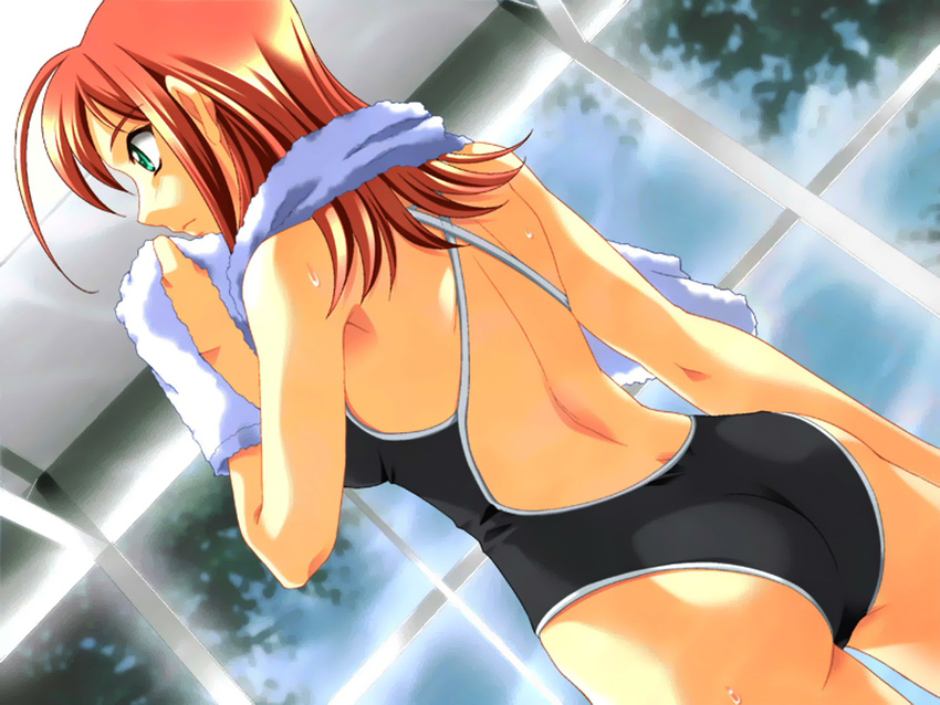 artist_request ass back competition_school_swimsuit from_behind green_eyes kimi_ga_nozomu_eien long_hair one-piece_swimsuit red_hair solo suzumiya_akane swimsuit towel