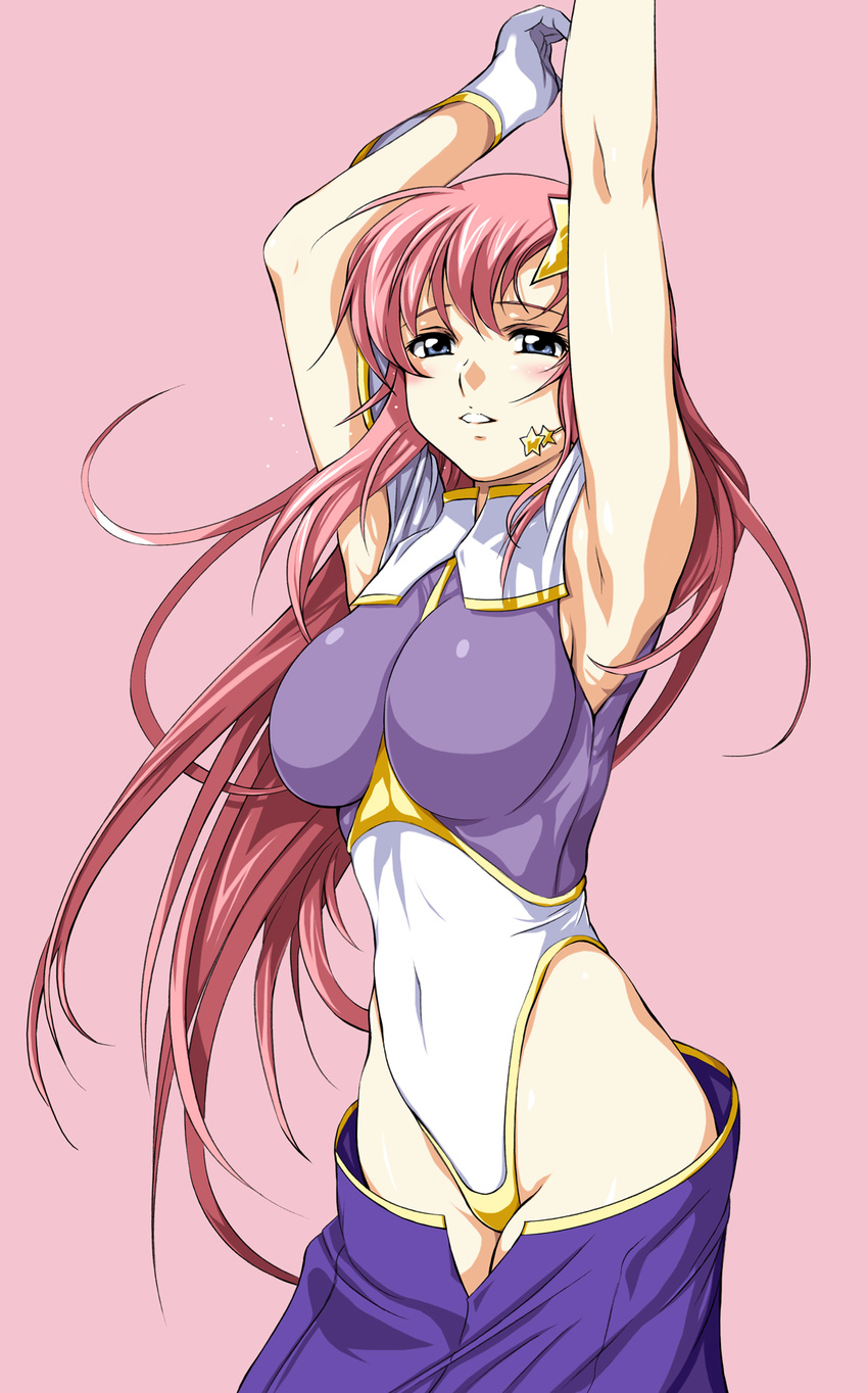 armpits arms_up blue_eyes breasts gundam gundam_seed gundam_seed_destiny hair_ornament highleg highleg_leotard highres large_breasts leotard long_hair meer_campbell navel pink_hair purple_leotard simple_background solo star star_hair_ornament very_long_hair white_leotard zundarepon