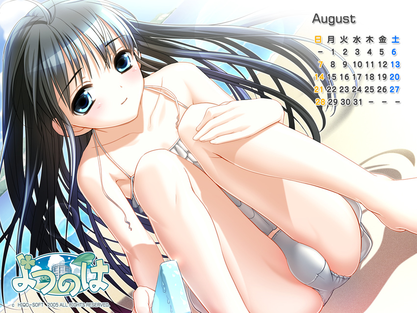 2005 august bikini black_hair blue_eyes calendar_(medium) food highres hiide long_hair popsicle solo swimsuit tankini wallpaper yotsunoha yuki_arisa