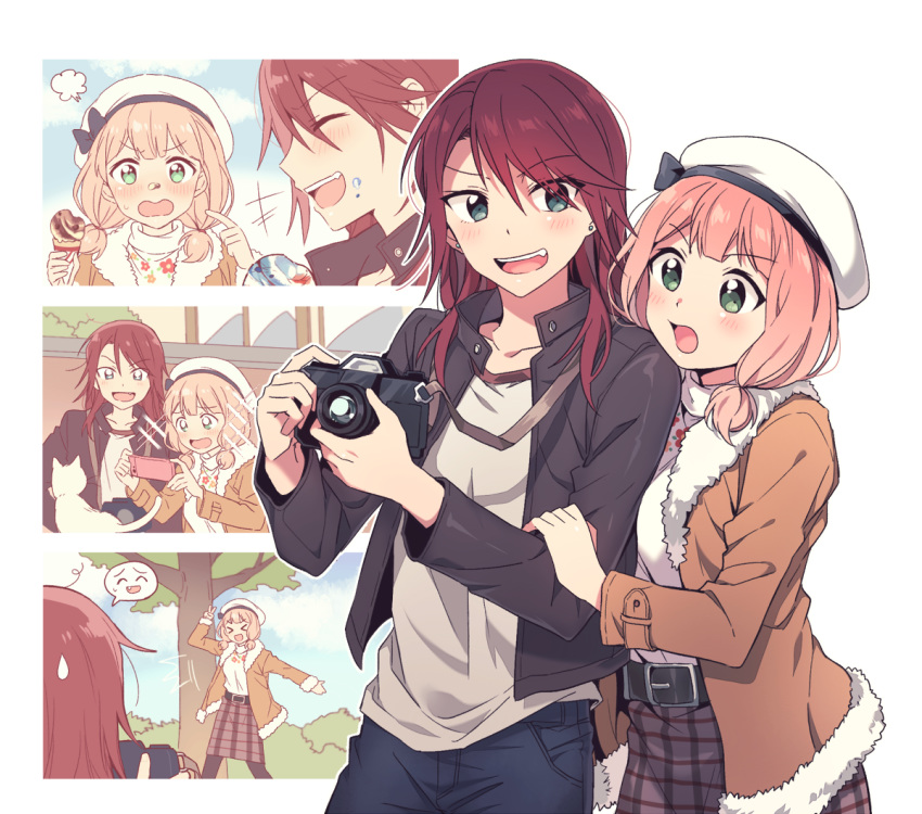 &gt;_&lt; +++ 2girls :d =3 bang_dream! bangs belt beret black_bow black_jacket blue_eyes bow brown_coat camera cat cellphone coat earrings eating food food_on_face fur-trimmed_coat fur_trim green_eyes hand_on_another's_arm hat hat_bow head_on_another's_shoulder jacket jewelry laughing long_hair low_twintails multiple_girls multiple_views open_mouth pants phone pink_hair plaid plaid_skirt pointing re_ghotion red_hair shirt skirt smartphone smile sparkle taking_picture tree twintails udagawa_tomoe uehara_himari v v-shaped_eyebrows white_hat white_shirt xd