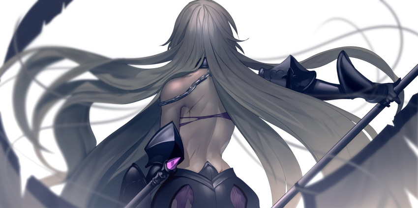 1girl armor armored_dress back black_dress chains commentary_request dress fate/grand_order fate_(series) faulds flag from_behind gauntlets holding holding_flag holding_weapon jeanne_d'arc_(alter)_(fate) jeanne_d'arc_(fate)_(all) long_hair silver_hair tsukimoto_aoi very_long_hair weapon