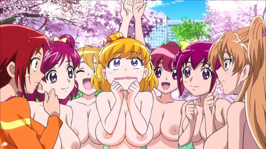 7girls aida_mana aino_megumi asahina_mirai black_eyes blonde_hair breasts dokidoki!_precure fresh_precure! hair_ornament hair_ribbon happinesscharge_precure! hino_akane_(smile_precure!) hoshizora_miyuki houjou_hibiki mahou_girls_precure! momozono_love nipples nude nude_filter ornament precure purple_eyes red_eyes red_hair ribbon smile_precure! suite_precure third-party_edit tree