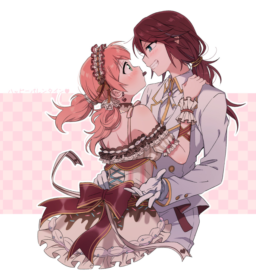 2girls arm_ribbon back_bow bang_dream! blush bow brooch brown_bow checkered checkered_background chocolate collared_shirt corset dress earrings eye_contact food_themed_clothes formal frilled_dress frilled_hairband frilled_sleeves frills gloves grin hair_ornament hair_ribbon hair_scrunchie hair_tie hairband hand_on_another's_shoulder happy_valentine heart heart_earrings heart_hair_ornament highres jewelry lolita_hairband long_hair long_sleeves looking_at_another mouth_hold multiple_girls outline pink_background ponytail re_ghotion ribbon scrunchie shirt shoulder_blades smile striped striped_ribbon suit twintails udagawa_tomoe uehara_himari valentine white_gloves white_neckwear white_outline white_scrunchie white_suit wrist_cuffs yuri