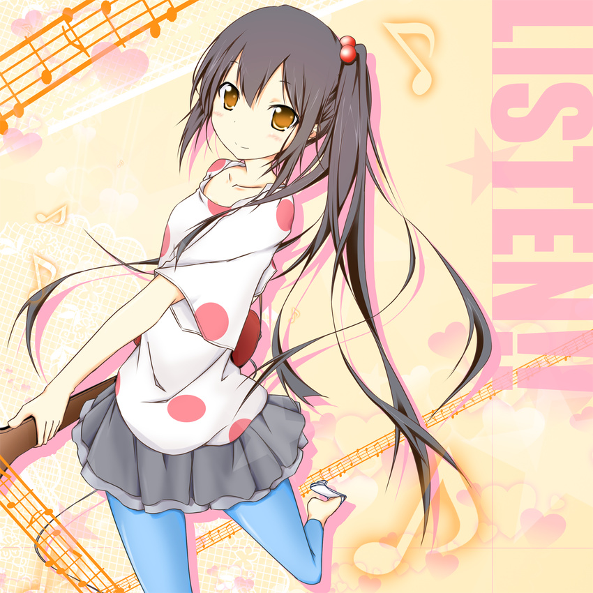 alternate_costume an_(angular-angler) bad_id bad_pixiv_id black_hair blue_legwear blush brown_eyes guitar hair_bobbles hair_ornament highres instrument k-on! listen!! long_hair nakano_azusa pantyhose polka_dot side_ponytail skirt smile solo