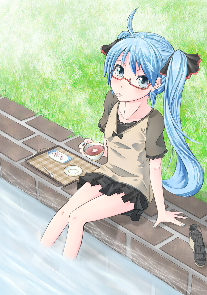 absurdres ahoge arm_support bad_id bad_pixiv_id bespectacled black_tea blue_eyes blue_hair cherry_blossoms cup glasses grass hatsune_miku highres long_hair looking_at_viewer mouth_hold nekobaka petals red-framed_eyewear semi-rimless_eyewear shoes_removed sitting skirt soaking_feet solo tea teacup twintails under-rim_eyewear vocaloid water