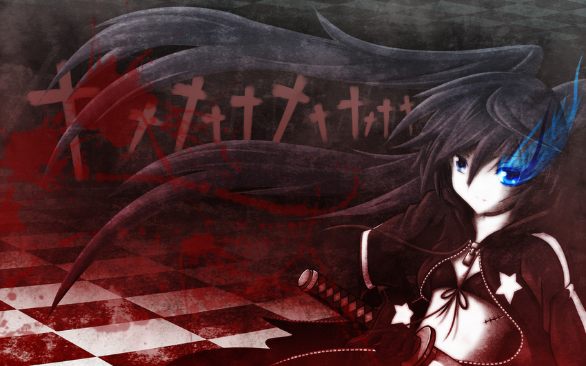 bikini_top black_hair black_rock_shooter black_rock_shooter_(character) blue_eyes burning_eye checkered choker coat cross highres long_hair pursechan scar smile solo star twintails weapon wind