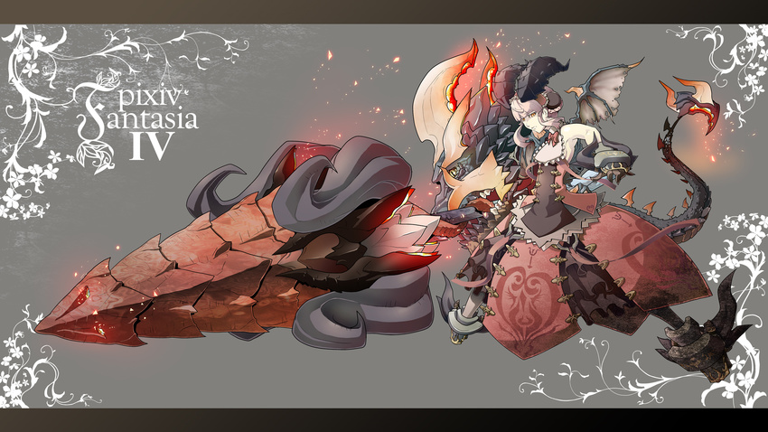 armor bow dragon flower gloves highres horns huge_weapon lavender_hair orange_eyes pixiv_fantasia pixiv_fantasia_4 sharp_teeth solo t.a.k. tail teeth weapon yellow_eyes