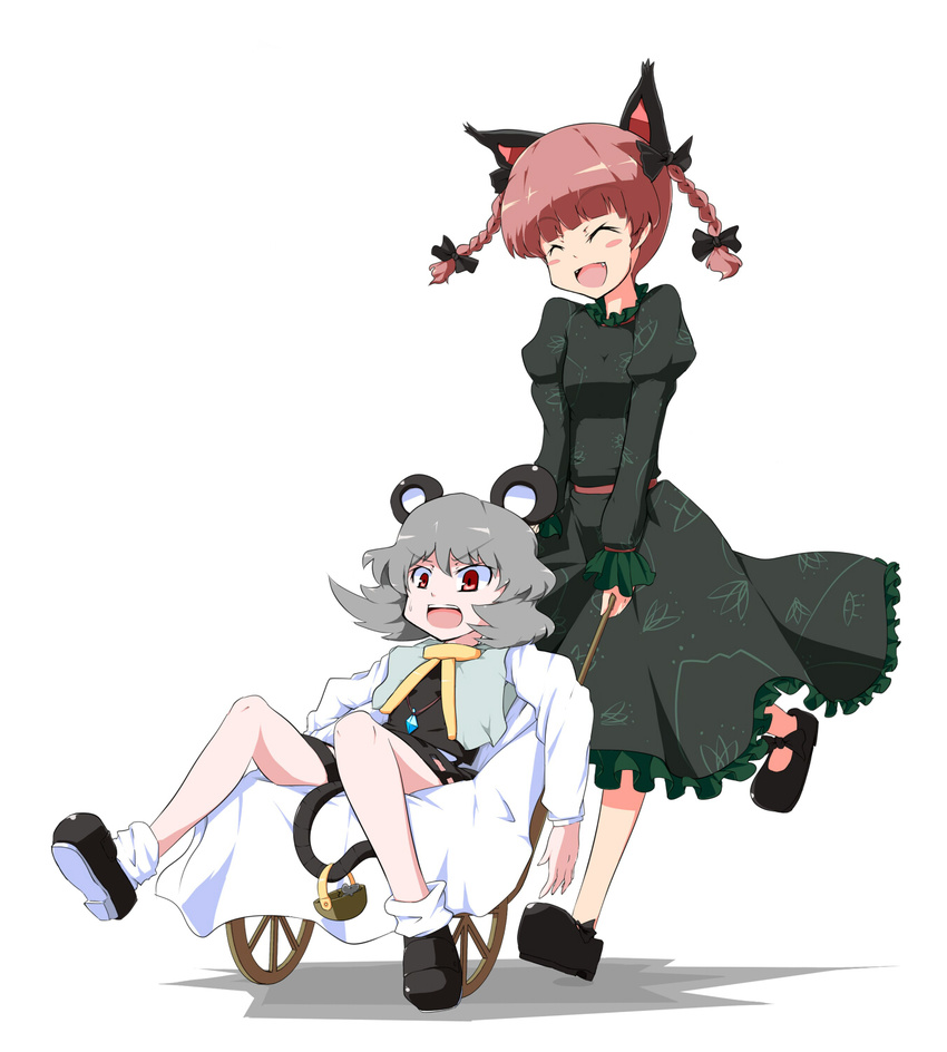 aho animal_ears braid cat_ears grey_hair hair_ribbon highres kaenbyou_rin mouse mouse_ears mouse_tail multiple_girls nazrin red_eyes red_hair ribbon short_hair tail touhou twin_braids twintails wheelbarrow