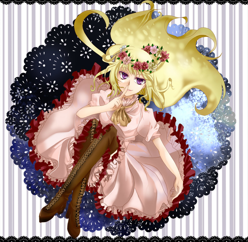 bad_id bad_pixiv_id blonde_hair boots cross-laced_footwear crossed_legs dress finger_to_mouth float_(artist) flower head_wreath lace-up_boots long_hair original purple_eyes shushing sitting solo thigh_boots thighhighs