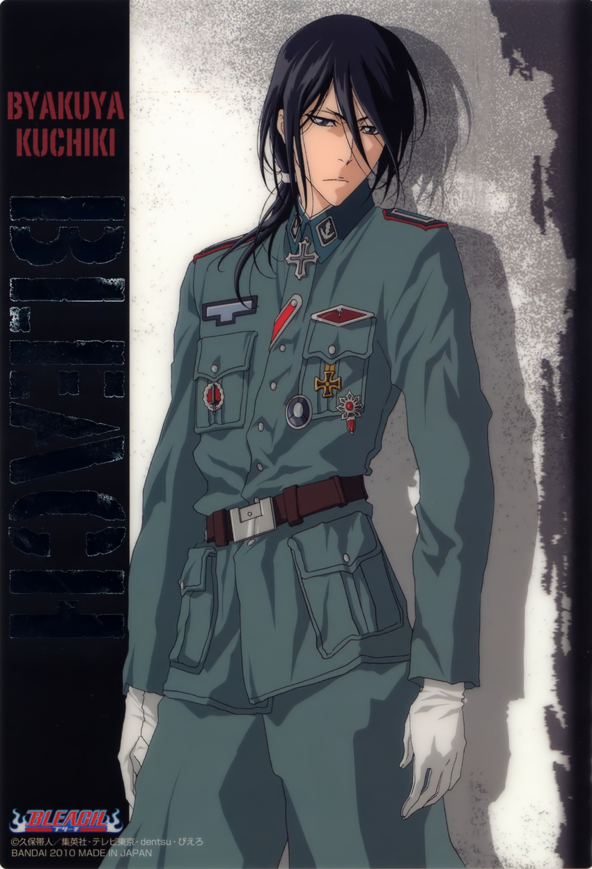 2010 absurdres artist_request badge black_hair bleach character_name gloves highres kuchiki_byakuya long_hair male_focus military military_uniform ponytail shinigami solo source_request uniform white_gloves