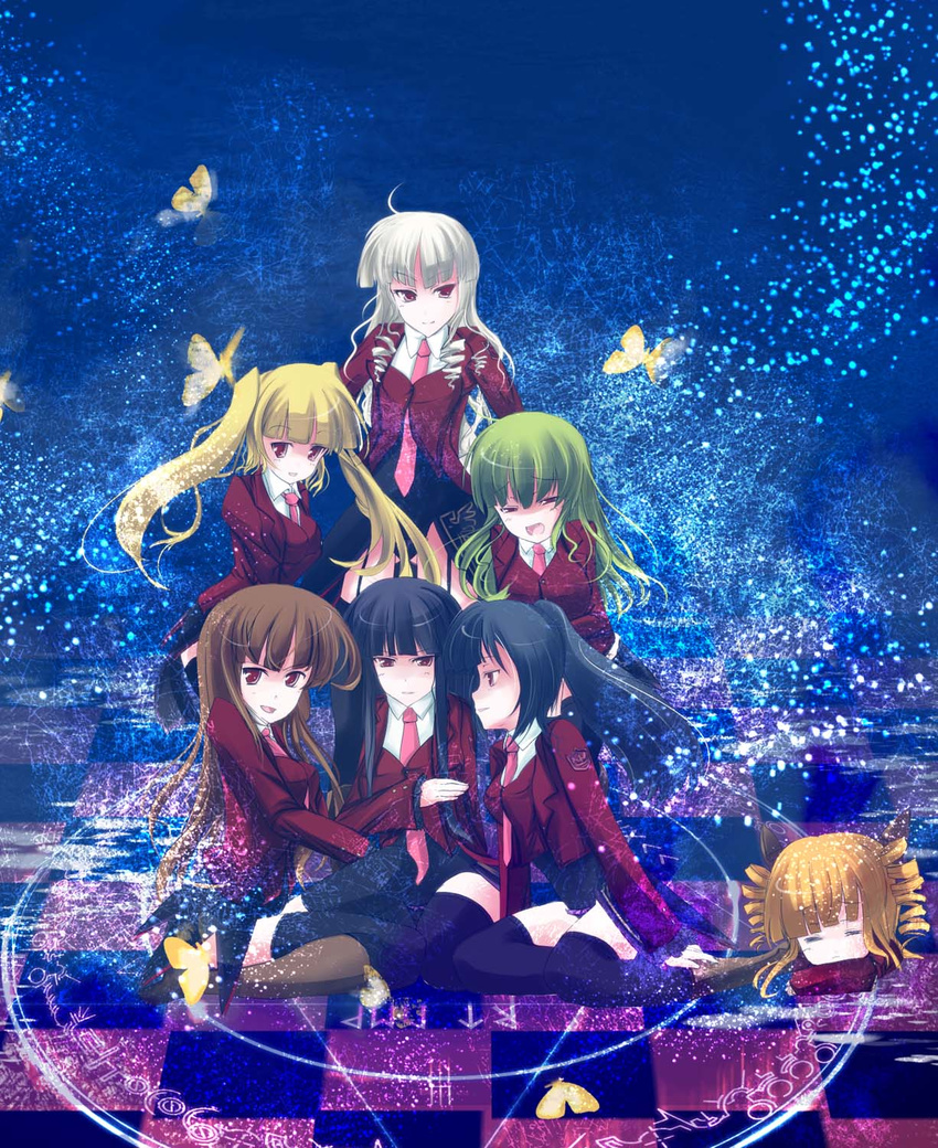 asmodeus beelzebub belphegor black_hair black_legwear blonde_hair boots breasts brown_hair bug butterfly checkered checkered_floor drill_hair green_hair highres insect leviathan_(umineko) long_hair lucifer magic_circle mammon medium_breasts multiple_girls necktie ooka_(skavler) ponytail red_eyes satan sleeping stakes_of_purgatory thighhighs twintails umineko_no_naku_koro_ni