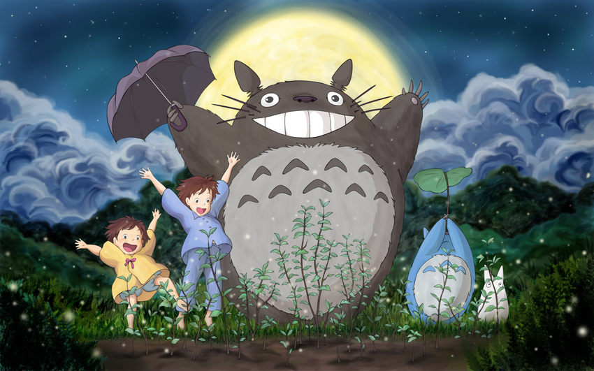 clouds ghibli kusakabe_mei kusakabe_satsuki leaves moon my_neighbor_totoro night smile stars tonari_no_totoro totoro whiskers