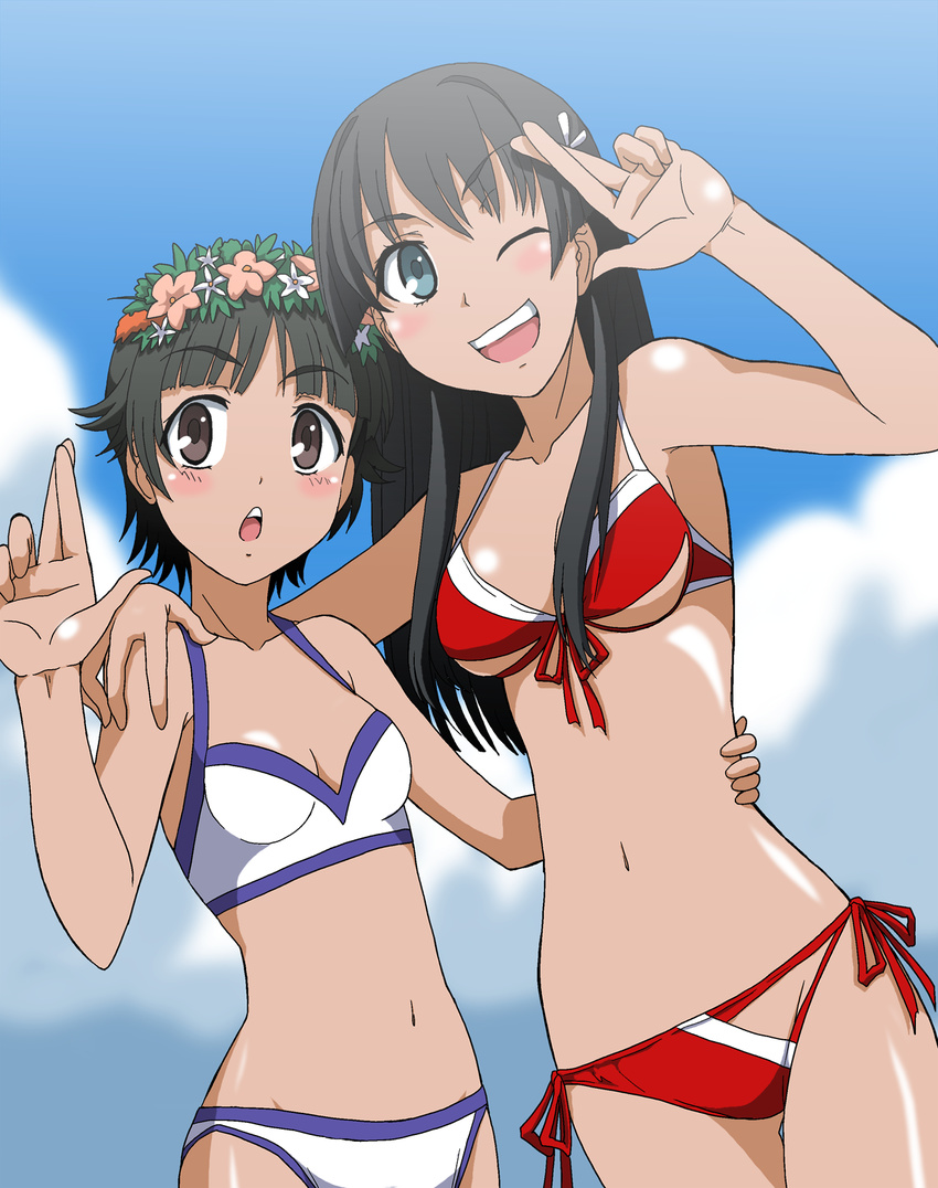 armpits bikini earrings flower highres jewelry kakkii long_hair multiple_girls navel one_eye_closed saten_ruiko side-tie_bikini star swimsuit to_aru_kagaku_no_railgun to_aru_majutsu_no_index uiharu_kazari