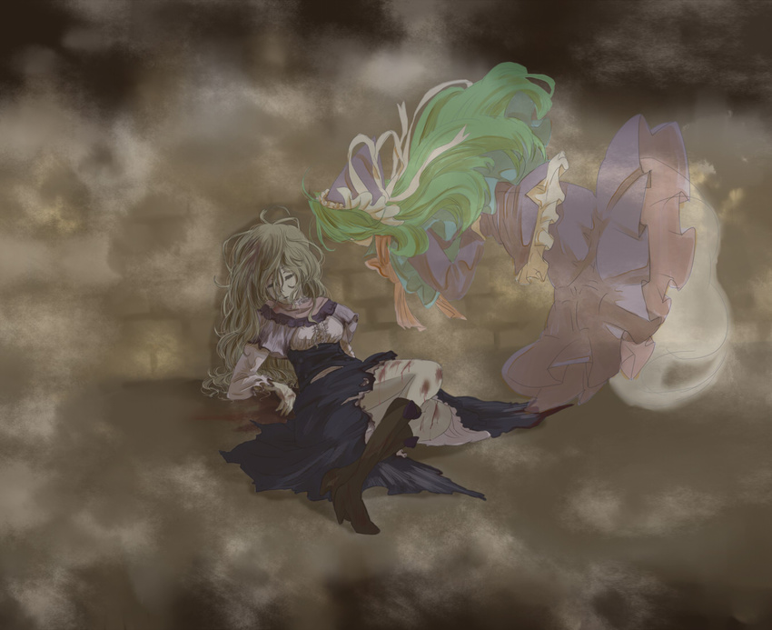 against_wall blood blue_dress blue_hat boots breasts brown_footwear brown_hair capelet closed_eyes dress floating fog full_body ghost_tail green_hair hat hat_ribbon injury kirisame_marisa knee_boots long_hair long_sleeves medium_breasts mima monet multiple_girls no_headwear pale_skin ribbon touhou unconscious white_ribbon